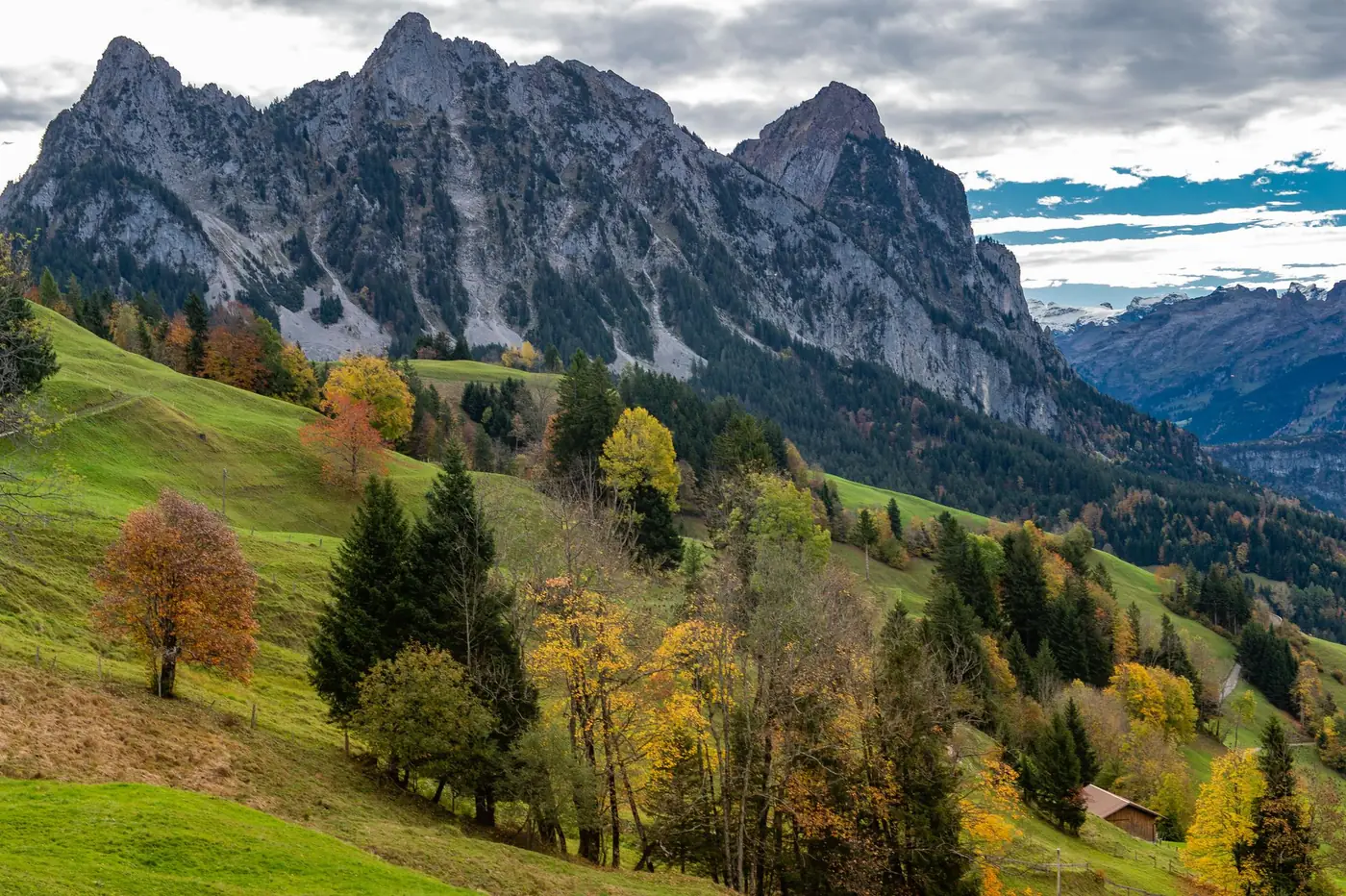 Herfstkleuren in de bergen van kanton Schwyz onder een bewolkte lucht