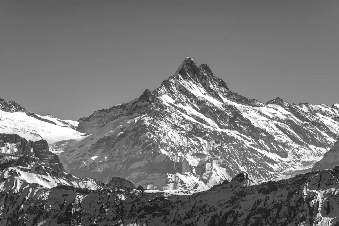 Stunning view of the majestic Swiss Alps in black and white, showcasing rugged snow-capped peaks.