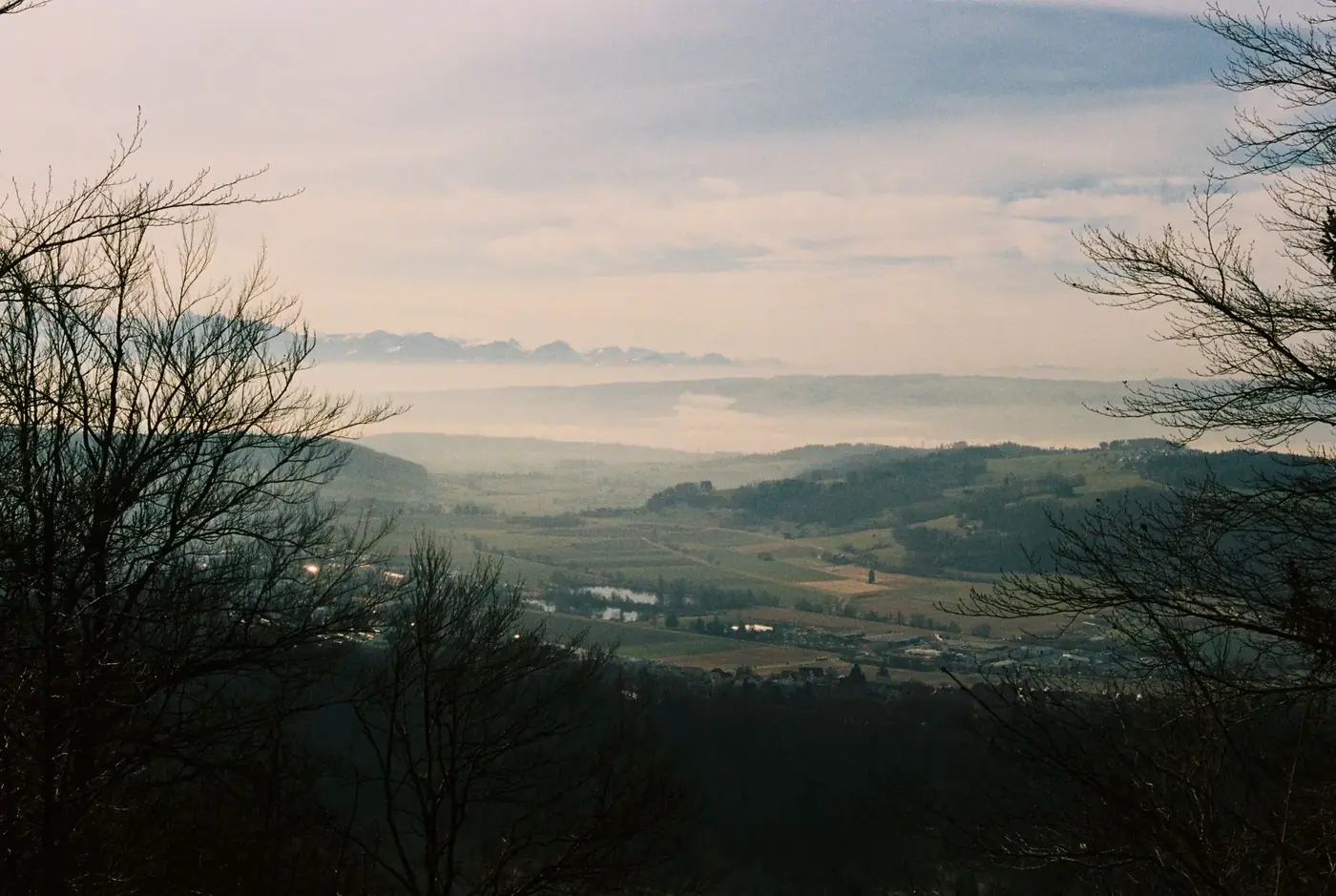 Serene view of Alpine mountains and misty valley, ideal for nature lovers.
