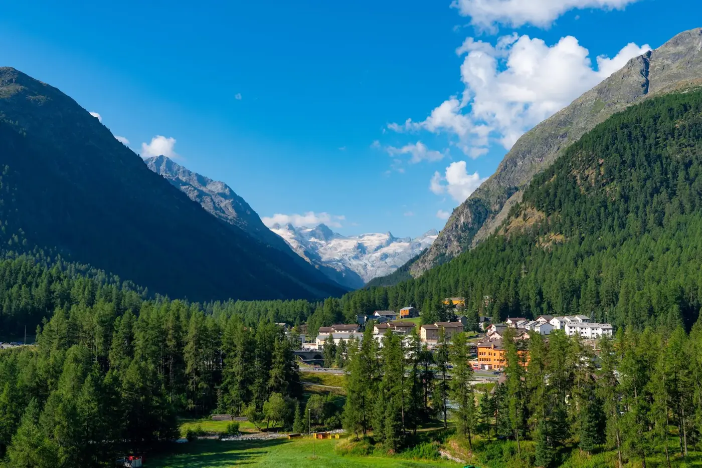 Beautiful village of Pontresina nestled in the Swiss Alps with lush greenery and clear blue skies.
