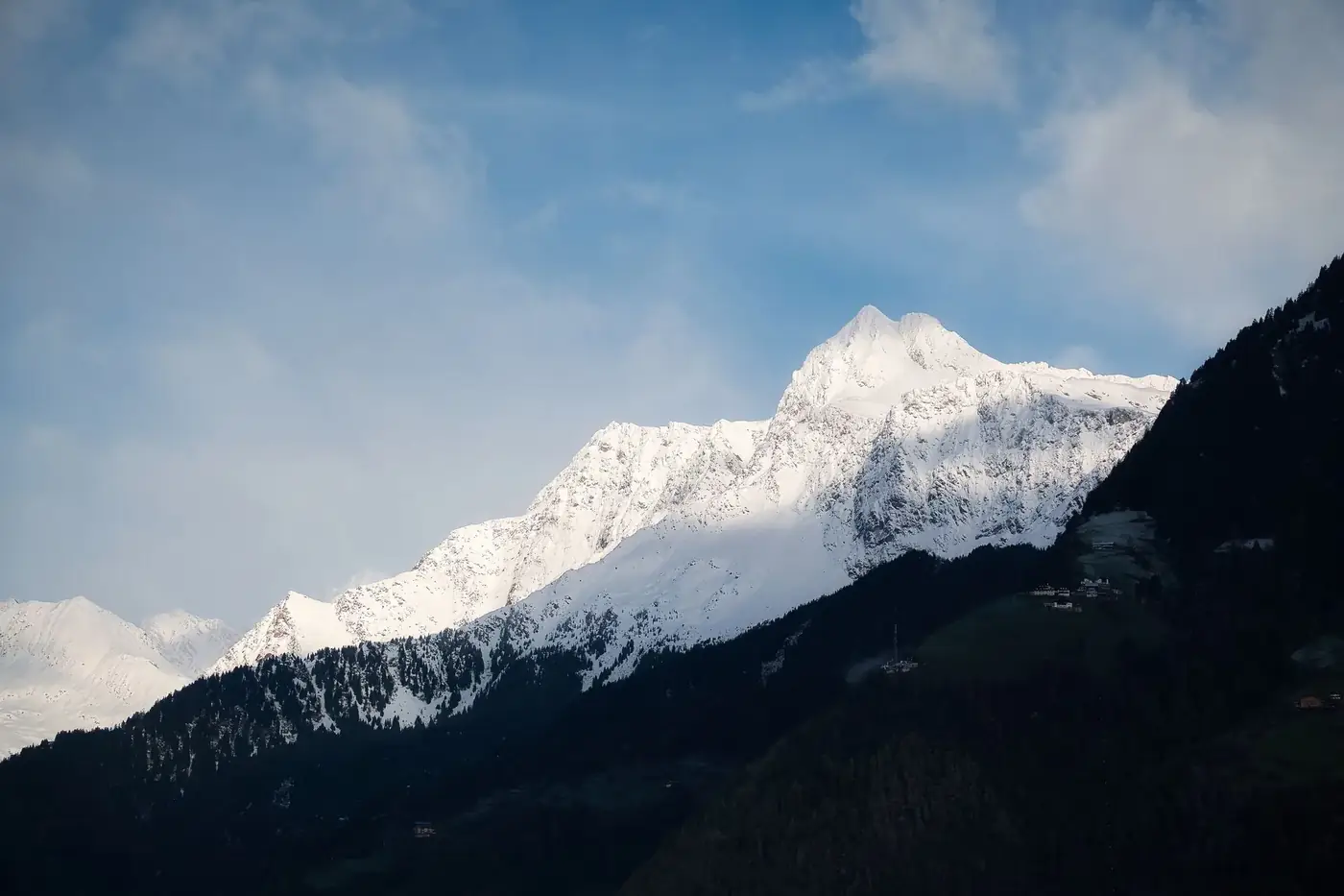 Majestic snow-capped Alps viewed from Schenna in South Tyrol, Italy.
